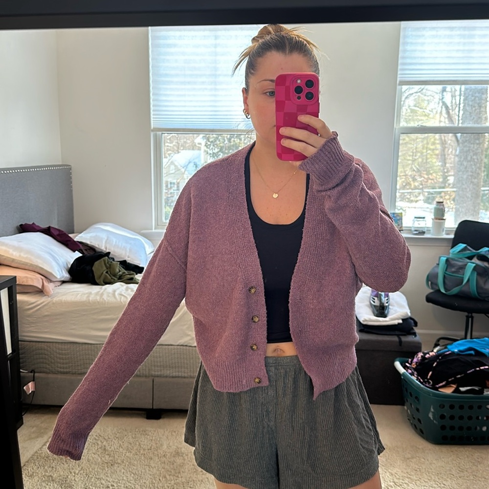 Purple cardigan sweater